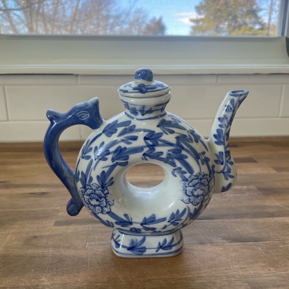 Vintage Canton China Doughnut Shaped Teapot. Hand painted porcelain